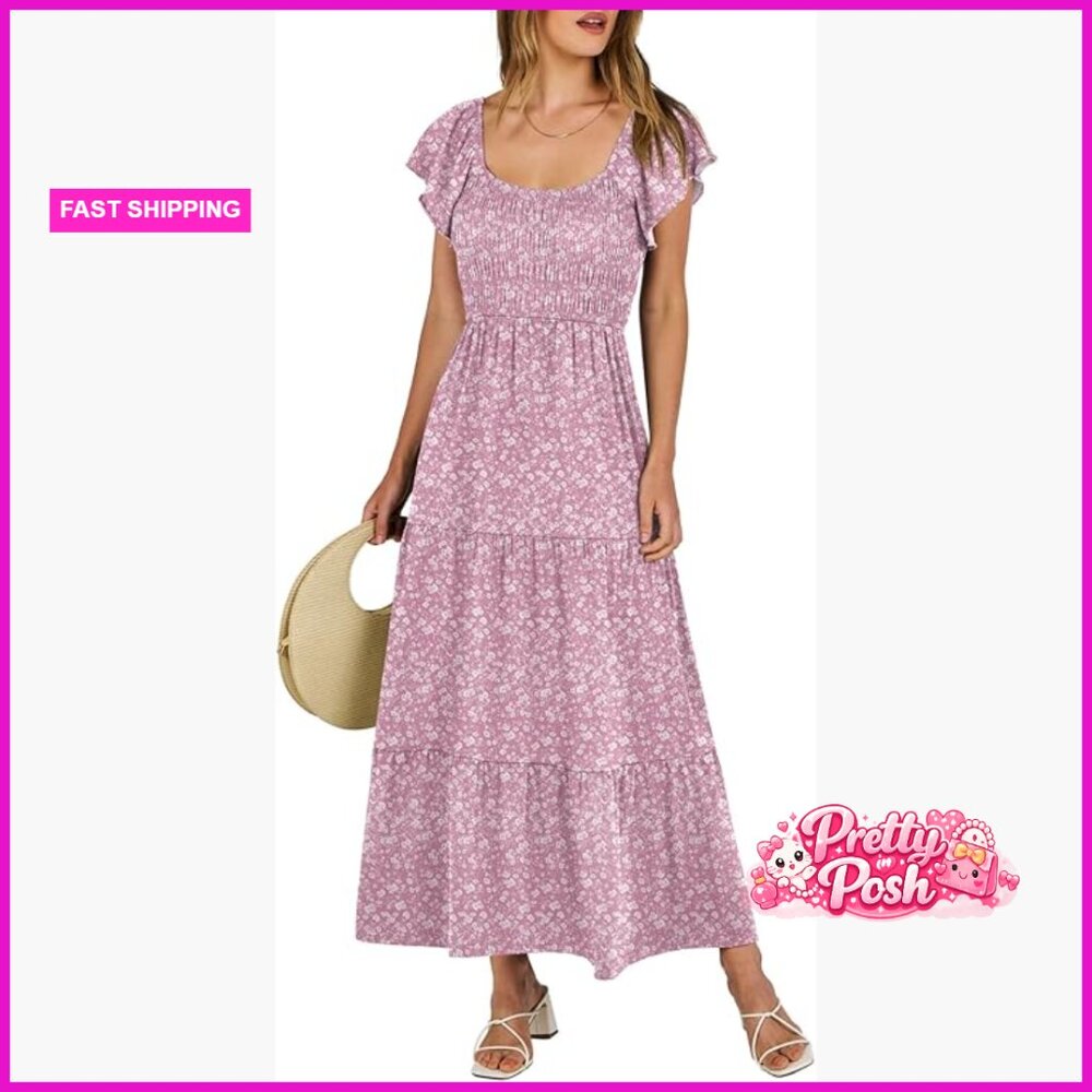 Polyester Elastane Maxi Dress Flutter Sleeve Smoc… - image 1